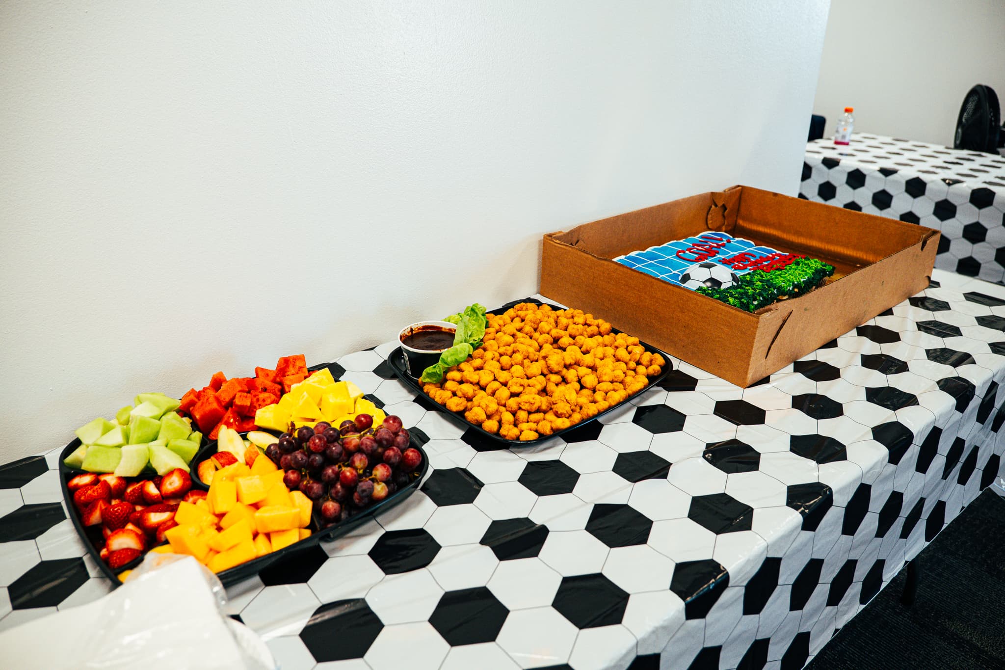 Food and snack table at a SoFlo Soccer birthday party