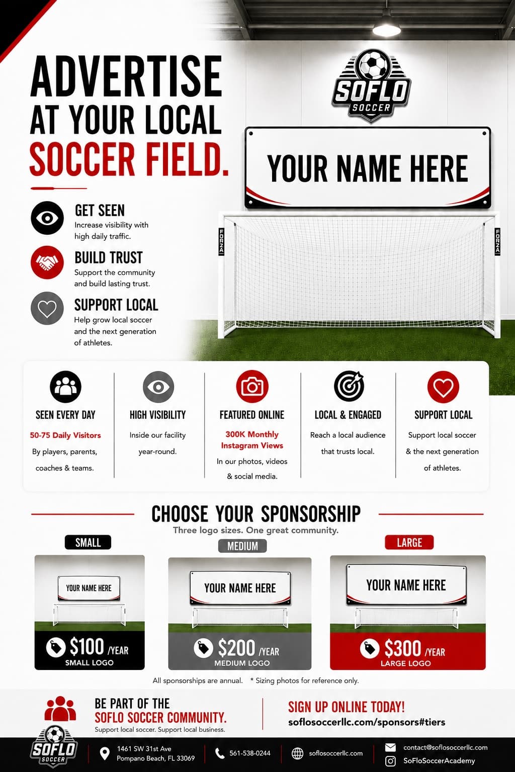 SoFlo Soccer sponsorship flyer: advertise at your local soccer field with small ($100/year), medium ($200/year), or large ($300/year) logo banners. 50-75 daily visitors, 300K monthly Instagram views.